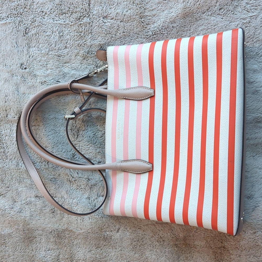 Kate Spade New York Patrice Tropical Red Pink Orange Striped Satchel Tote Bag - Picture 2 of 10